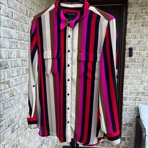 Investments Vertical Stripe Button-Down Shirt in Pink, Brown, Cream, Black